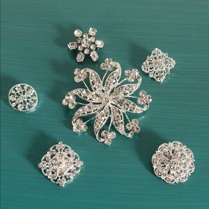 Bridal Wedding Prom Formal 6 Piece Rhinestone Silver Floral Fashion Brooch Set
